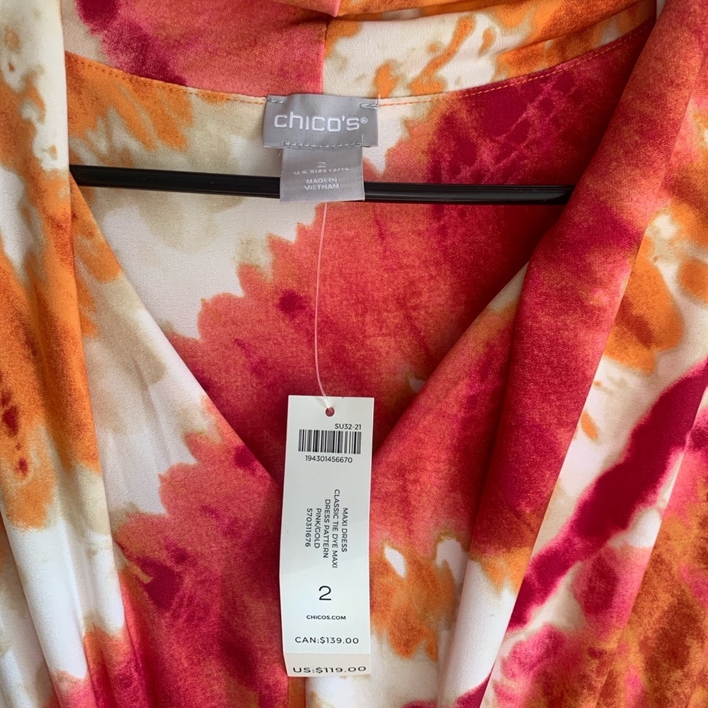 Chico’s NWT Maxi Dress Size 2 (L) Orange Pink Tie Dye Sleeveless V Neck - Picture 3 of 3